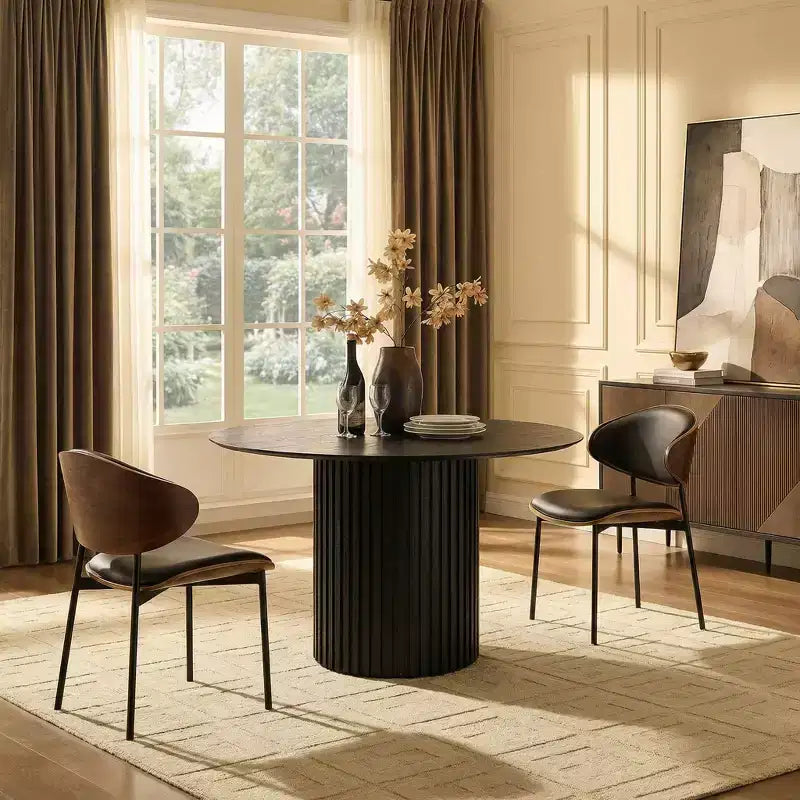 Tavolo da pranzo rotondo nero, piano in MDF, 4 posti