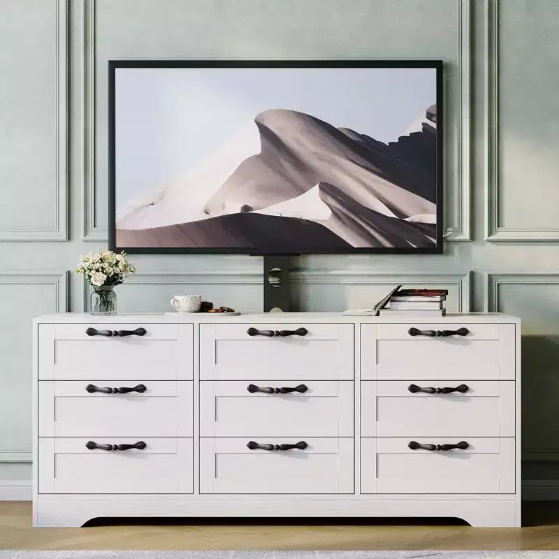 Nero / Bianco | Mobile porta TV moderno con supporto e cassettiera a 9 cassetti | Adatto per TV da 32" a 85"