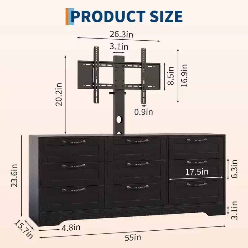 Nero / Bianco | Mobile porta TV moderno con supporto e cassettiera a 9 cassetti | Adatto per TV da 32" a 85"