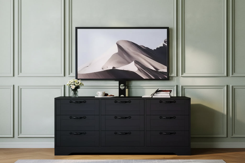 Nero / Bianco | Mobile porta TV moderno con supporto e cassettiera a 9 cassetti | Adatto per TV da 32" a 85"