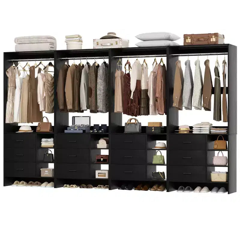 Organizzatore Armadio Autoportante Beige / Nero / Grigio / Bianco con Cassetti in Legno e Aste Appendiabiti – Set da 4, Montaggio a 1 Persona