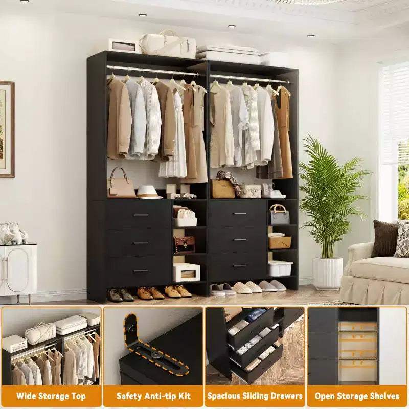Organizzatore Armadio Autoportante Beige / Nero / Grigio / Bianco con Cassetti in Legno e Aste Appendiabiti – Set da 4, Montaggio a 1 Persona