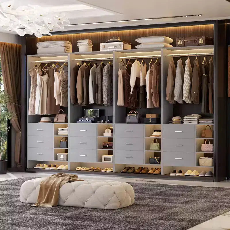 Organizzatore Armadio Autoportante Beige / Nero / Grigio / Bianco con Cassetti in Legno e Aste Appendiabiti – Set da 4, Montaggio a 1 Persona