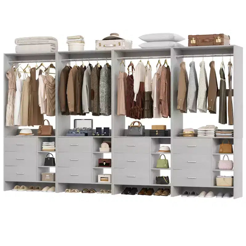 Organizzatore Armadio Autoportante Beige / Nero / Grigio / Bianco con Cassetti in Legno e Aste Appendiabiti – Set da 4, Montaggio a 1 Persona