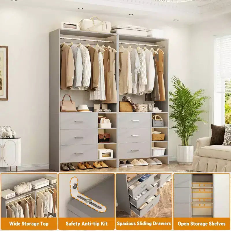 Organizzatore Armadio Autoportante Beige / Nero / Grigio / Bianco con Cassetti in Legno e Aste Appendiabiti – Set da 4, Montaggio a 1 Persona
