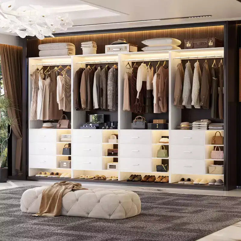 Organizzatore Armadio Autoportante Beige / Nero / Grigio / Bianco con Cassetti in Legno e Aste Appendiabiti – Set da 4, Montaggio a 1 Persona
