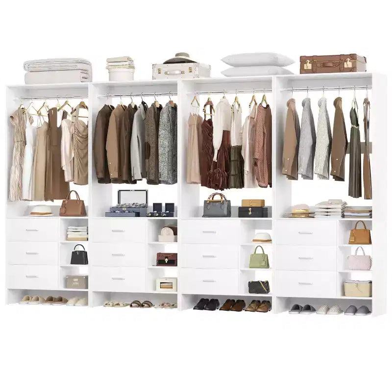 Organizzatore Armadio Autoportante Beige / Nero / Grigio / Bianco con Cassetti in Legno e Aste Appendiabiti – Set da 4, Montaggio a 1 Persona