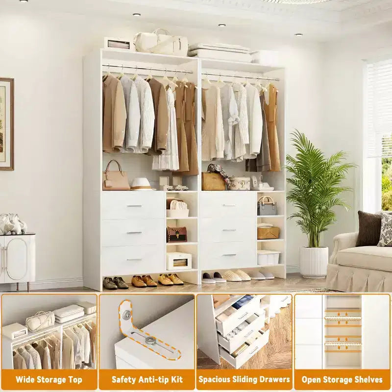Organizzatore Armadio Autoportante Beige / Nero / Grigio / Bianco con Cassetti in Legno e Aste Appendiabiti – Set da 4, Montaggio a 1 Persona