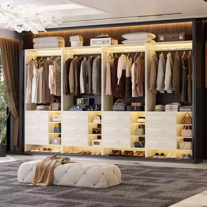 Organizzatore Armadio Autoportante Beige / Nero / Grigio / Bianco con Cassetti in Legno e Aste Appendiabiti – Set da 4, Montaggio a 1 Persona