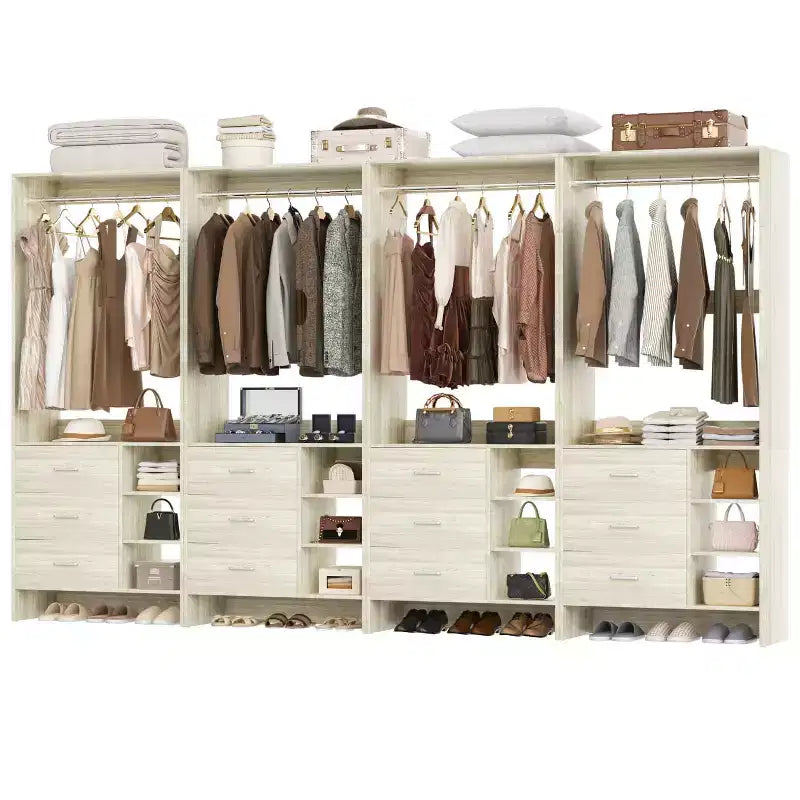 Organizzatore Armadio Autoportante Beige / Nero / Grigio / Bianco con Cassetti in Legno e Aste Appendiabiti – Set da 4, Montaggio a 1 Persona