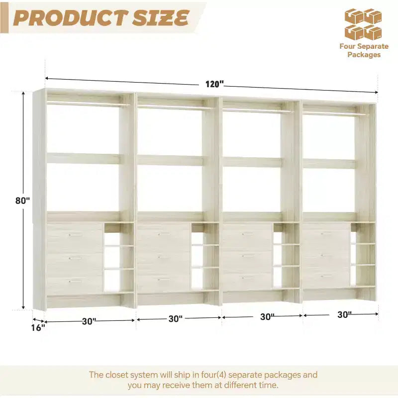 Organizzatore Armadio Autoportante Beige / Nero / Grigio / Bianco con Cassetti in Legno e Aste Appendiabiti – Set da 4, Montaggio a 1 Persona