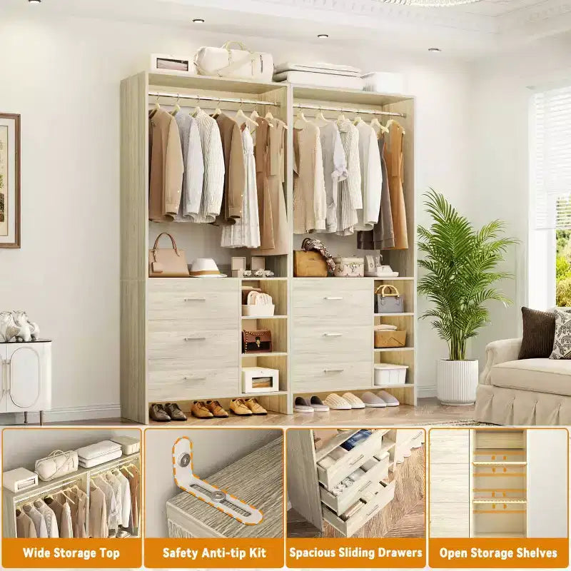 Organizzatore Armadio Autoportante Beige / Nero / Grigio / Bianco con Cassetti in Legno e Aste Appendiabiti – Set da 4, Montaggio a 1 Persona