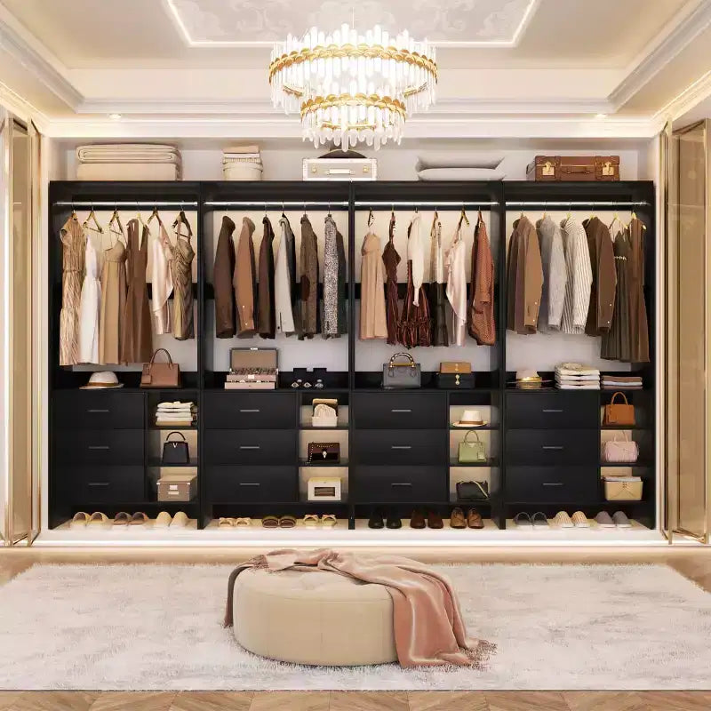 Organizzatore Armadio Autoportante Beige / Nero / Grigio / Bianco con Cassetti in Legno e Aste Appendiabiti – Set da 4, Montaggio a 1 Persona