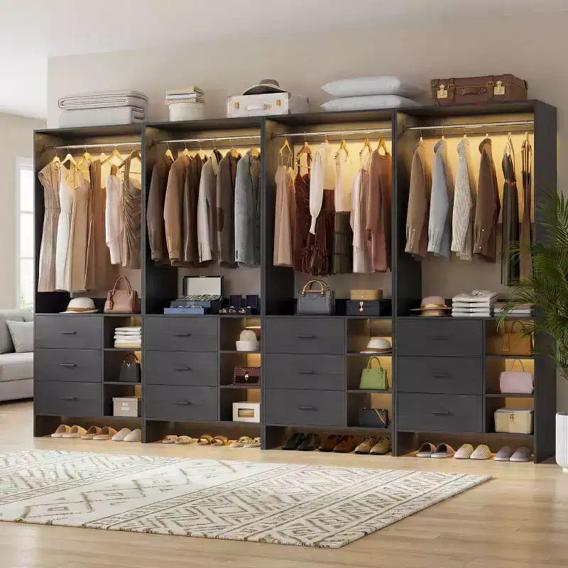 Organizzatore Armadio Autoportante Beige / Nero / Grigio / Bianco con Cassetti in Legno e Aste Appendiabiti – Set da 4, Montaggio a 1 Persona