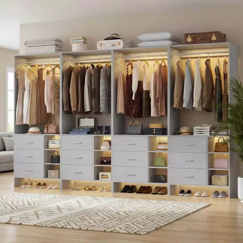 Organizzatore Armadio Autoportante Beige / Nero / Grigio / Bianco con Cassetti in Legno e Aste Appendiabiti – Set da 4, Montaggio a 1 Persona