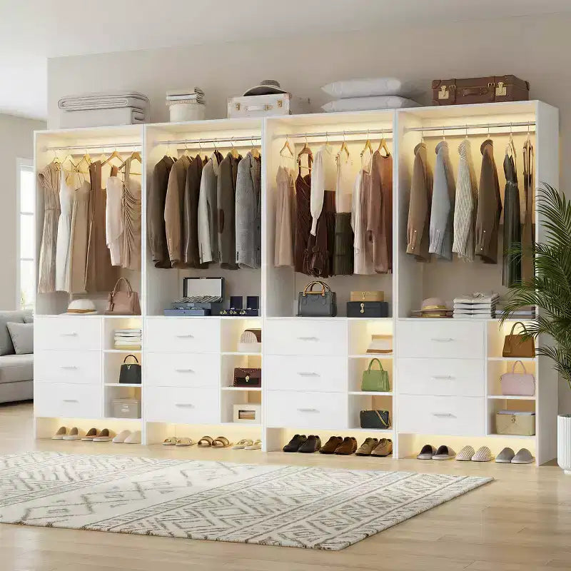 Organizzatore Armadio Autoportante Beige / Nero / Grigio / Bianco con Cassetti in Legno e Aste Appendiabiti – Set da 4, Montaggio a 1 Persona