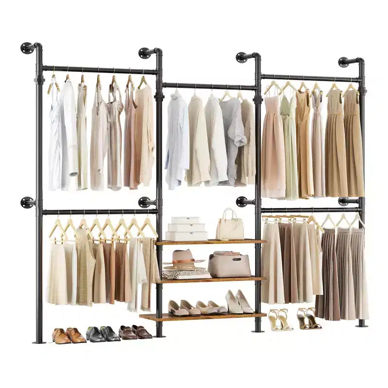Appendiabiti da Parete Industriale in Tubo Nero/Marrone/Grigio, 2 Persone, Regolabile 2,2–3,3 m