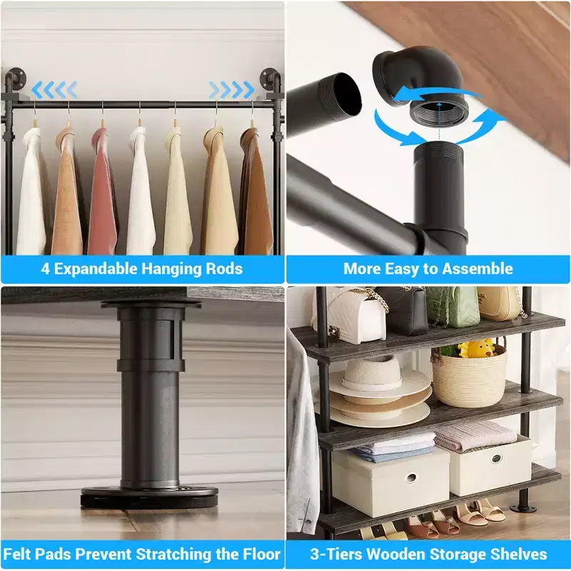 Appendiabiti da Parete Industriale in Tubo Nero/Marrone/Grigio, 2 Persone, Regolabile 2,2–3,3 m