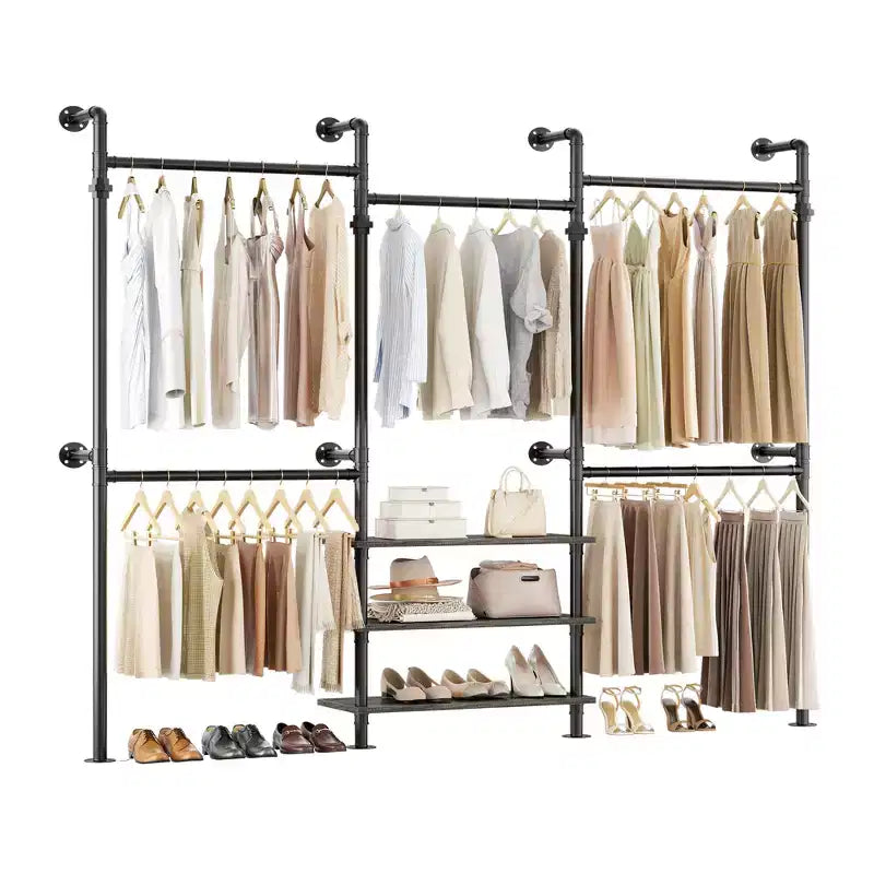Appendiabiti da Parete Industriale in Tubo Nero/Marrone/Grigio, 2 Persone, Regolabile 2,2–3,3 m