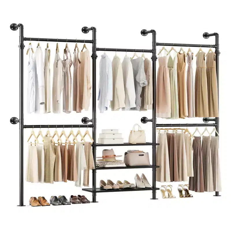 Appendiabiti da Parete Industriale in Tubo Nero/Marrone/Grigio, 2 Persone, Regolabile 2,2–3,3 m