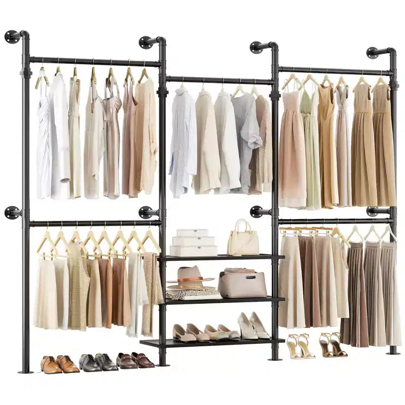 Appendiabiti da Parete Industriale in Tubo Nero/Marrone/Grigio, 2 Persone, Regolabile 2,2–3,3 m