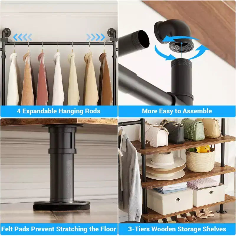 Appendiabiti da Parete Industriale in Tubo Nero/Marrone/Grigio, 2 Persone, Regolabile 2,2–3,3 m