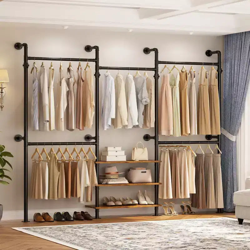 Appendiabiti da Parete Industriale in Tubo Nero/Marrone/Grigio, 2 Persone, Regolabile 2,2–3,3 m