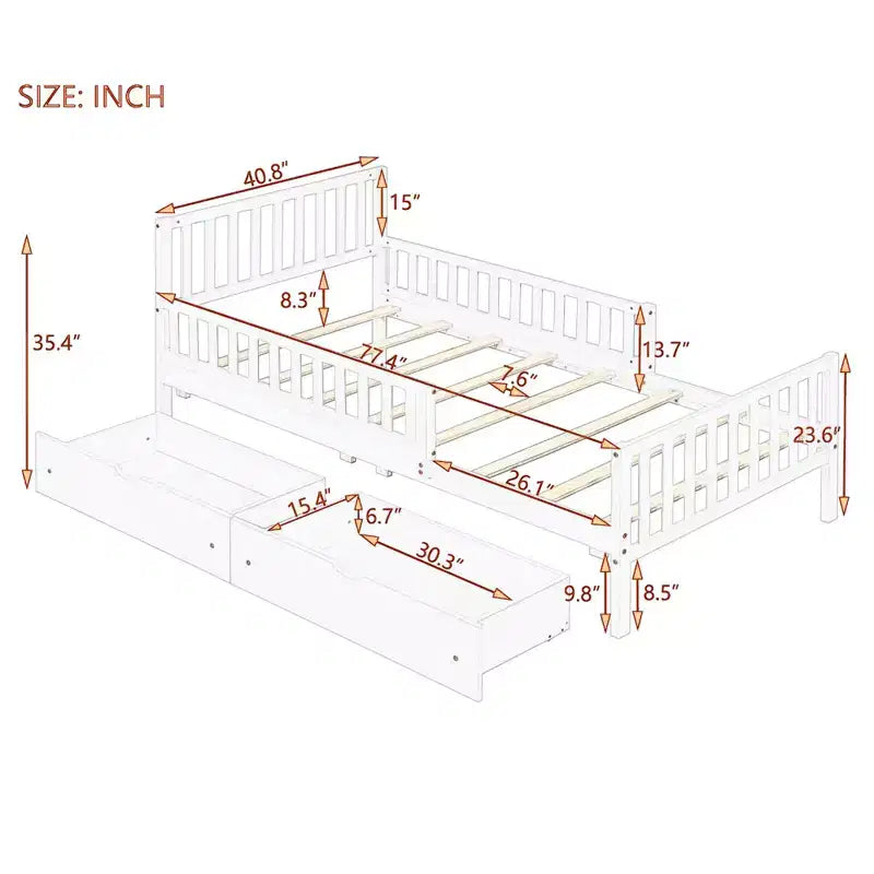 Letto a piattaforma singolo grigio con sponde di sicurezza e 2 cassetti portaoggetti – Per 1 bambino