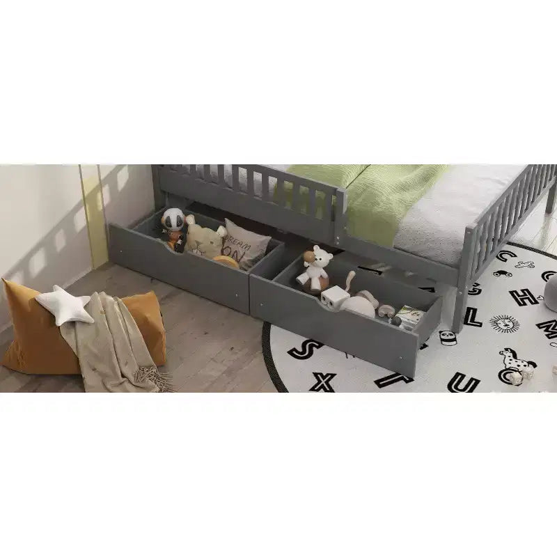 Letto a piattaforma singolo grigio con sponde di sicurezza e 2 cassetti portaoggetti – Per 1 bambino