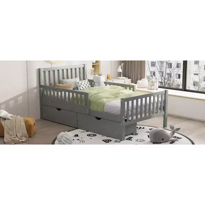 Letto a piattaforma singolo grigio con sponde di sicurezza e 2 cassetti portaoggetti – Per 1 bambino