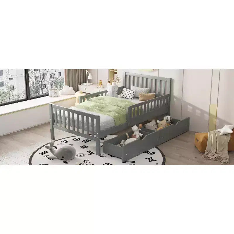 Letto a piattaforma singolo grigio con sponde di sicurezza e 2 cassetti portaoggetti – Per 1 bambino