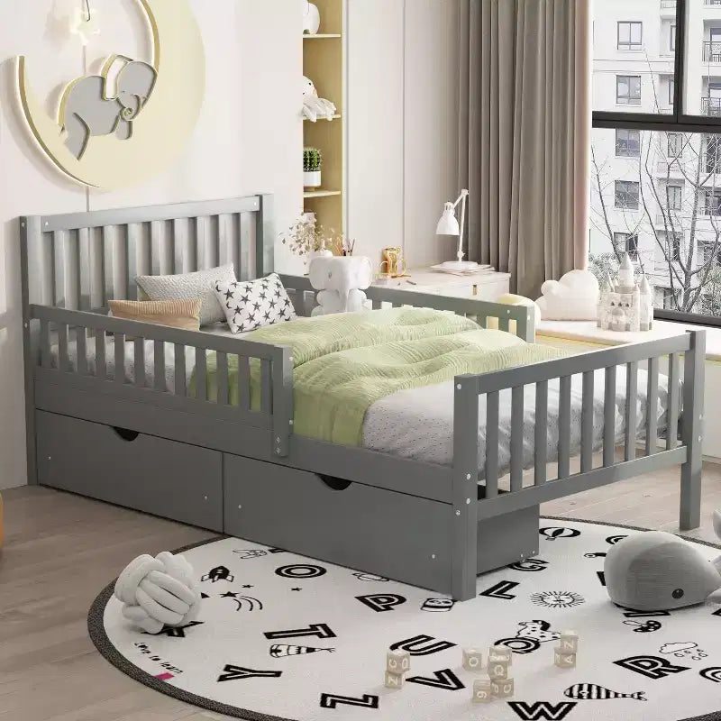 Letto a piattaforma singolo grigio con sponde di sicurezza e 2 cassetti portaoggetti – Per 1 bambino