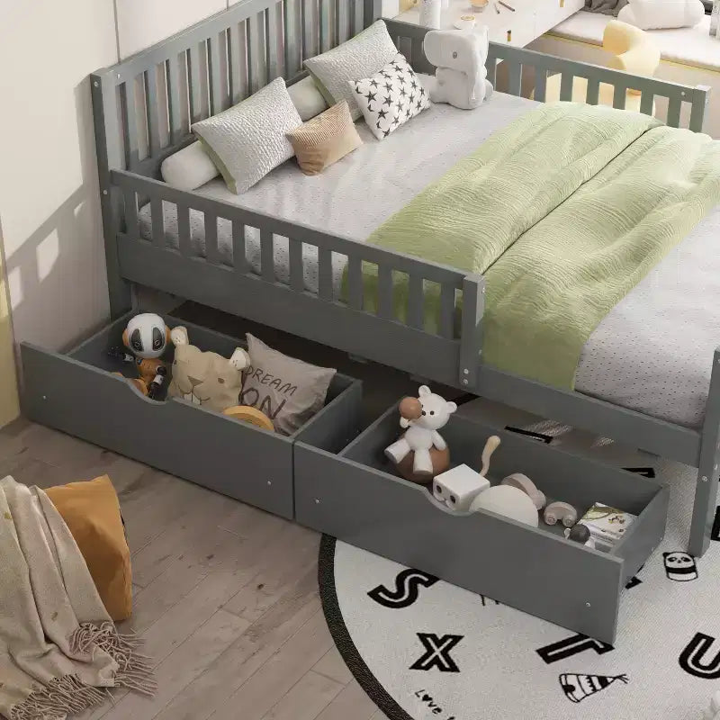 Letto a piattaforma singolo grigio con sponde di sicurezza e 2 cassetti portaoggetti – Per 1 bambino