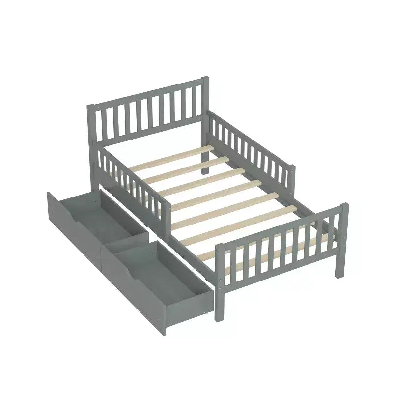 Letto a piattaforma singolo grigio con sponde di sicurezza e 2 cassetti portaoggetti – Per 1 bambino