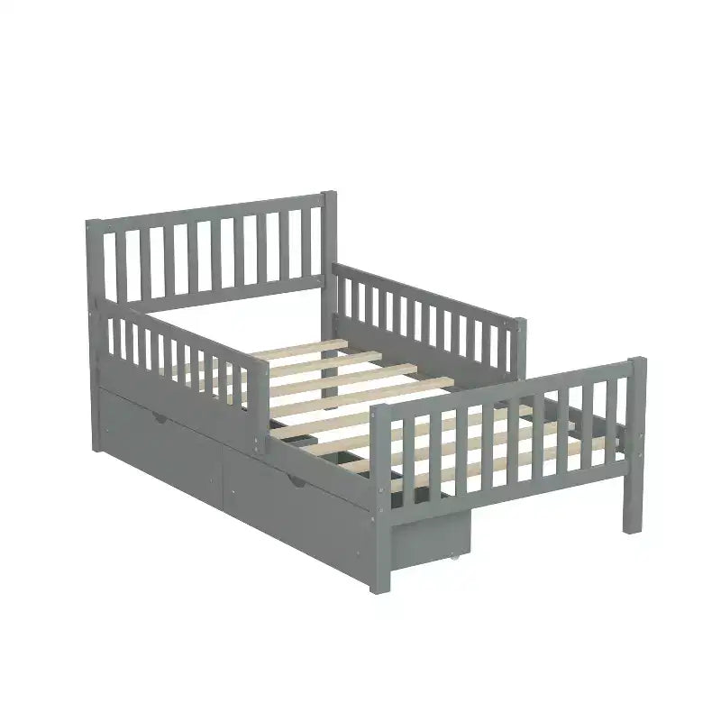 Letto a piattaforma singolo grigio con sponde di sicurezza e 2 cassetti portaoggetti – Per 1 bambino