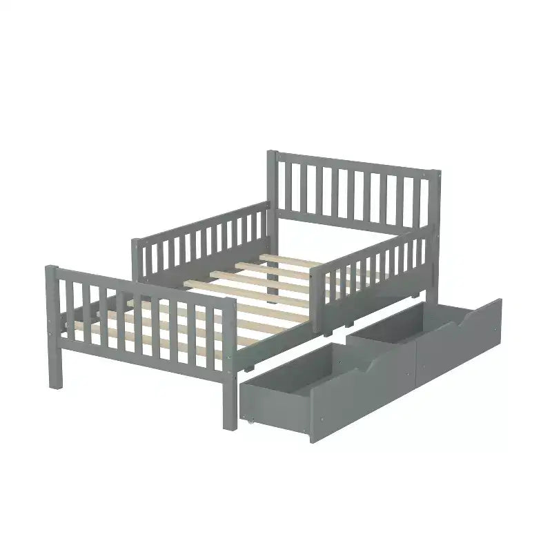 Letto a piattaforma singolo grigio con sponde di sicurezza e 2 cassetti portaoggetti – Per 1 bambino