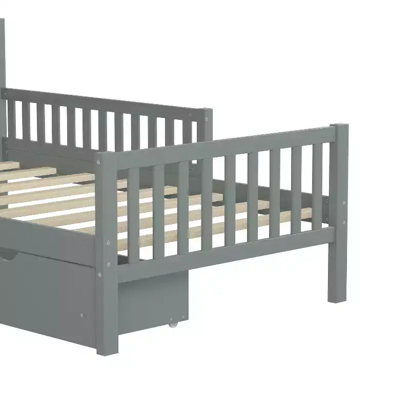 Letto a piattaforma singolo grigio con sponde di sicurezza e 2 cassetti portaoggetti – Per 1 bambino