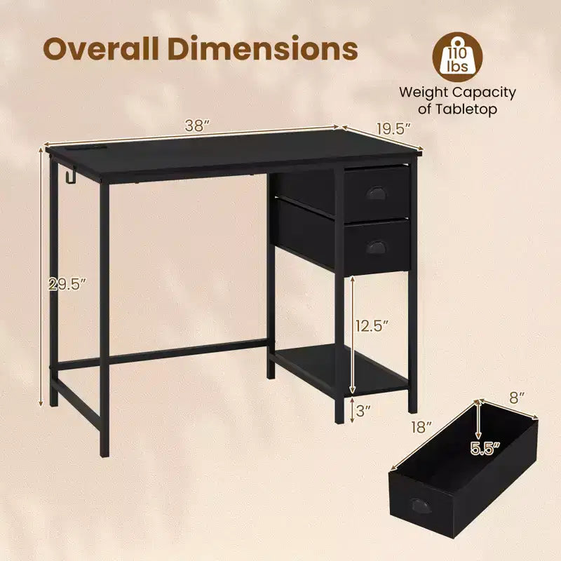 Scrivania Nera / Marrone Rustico e Nera con Stazione di Ricarica, 2 Cassetti in Tessuto, per 1 Persona