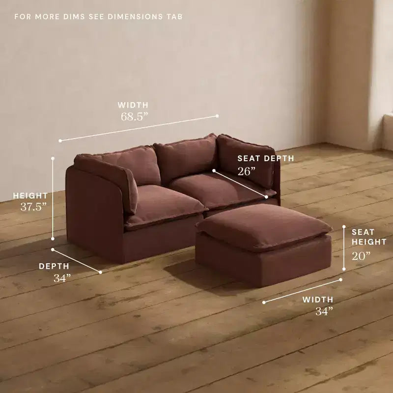 Divano modulare a 2 posti + pouf | Velluto Heirloom / Velluto di lino / Tessuto felpato | 2 posti a sedere