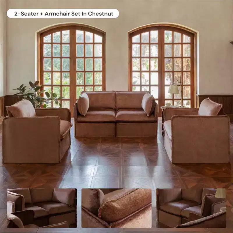 Divano modulare a 2 posti + pouf | Velluto Heirloom / Velluto di lino / Tessuto felpato | 2 posti a sedere