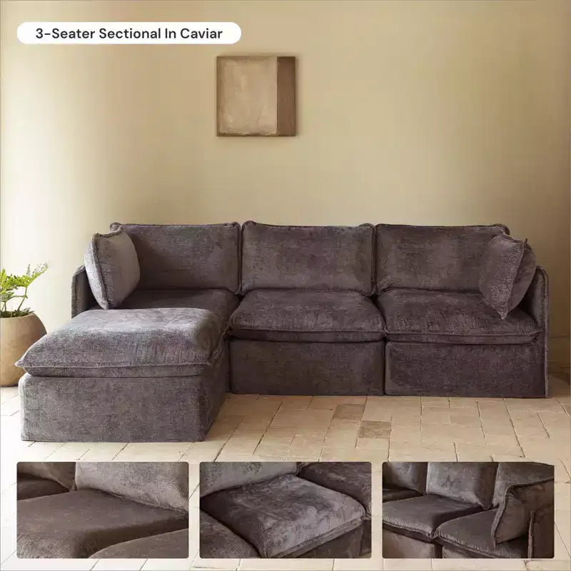 Divano modulare a 2 posti + pouf | Velluto Heirloom / Velluto di lino / Tessuto felpato | 2 posti a sedere