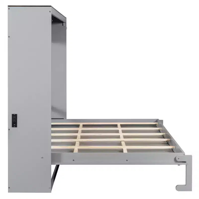 Letto a scomparsa matrimoniale Queen grigio/bianco con prese di corrente e porte USB, si ripiega piatto, per 2 persone