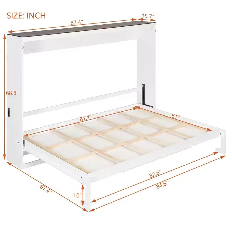 Letto a scomparsa matrimoniale Queen grigio/bianco con prese di corrente e porte USB, si ripiega piatto, per 2 persone