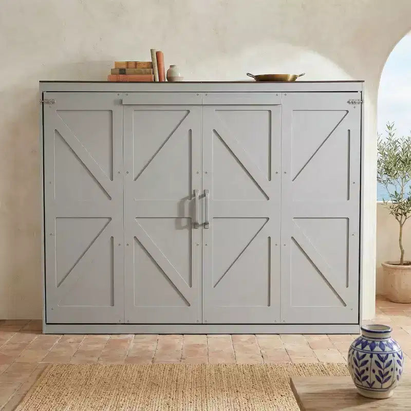 Letto a scomparsa matrimoniale Queen grigio/bianco con prese di corrente e porte USB, si ripiega piatto, per 2 persone
