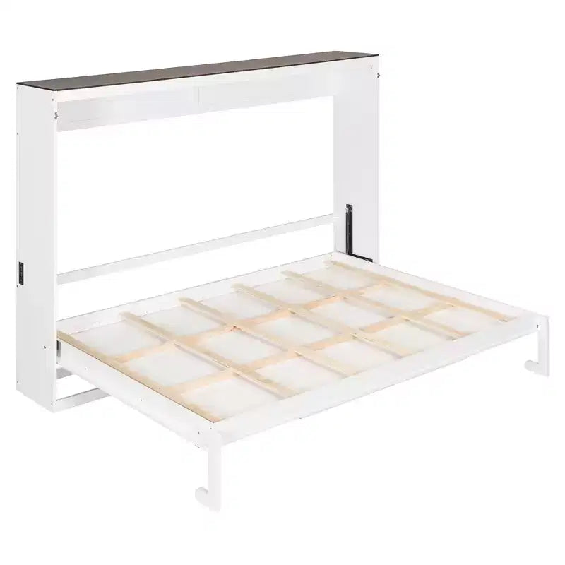 Letto a scomparsa matrimoniale Queen grigio/bianco con prese di corrente e porte USB, si ripiega piatto, per 2 persone