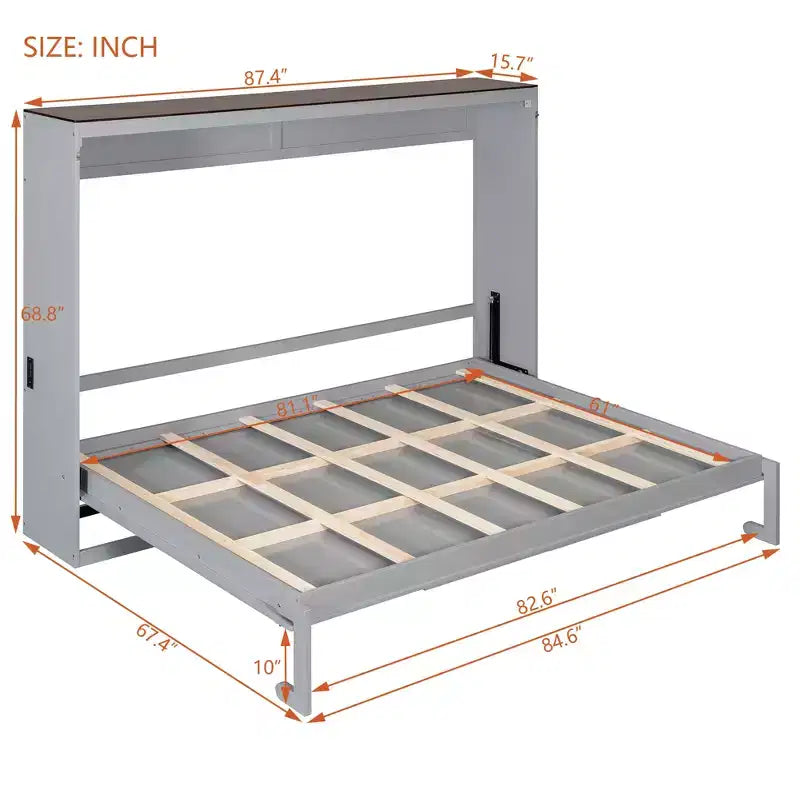 Letto a scomparsa matrimoniale Queen grigio/bianco con prese di corrente e porte USB, si ripiega piatto, per 2 persone