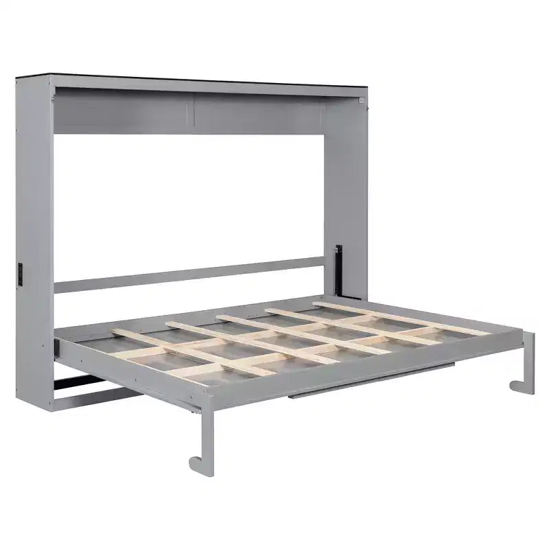 Letto a scomparsa matrimoniale Queen grigio/bianco con prese di corrente e porte USB, si ripiega piatto, per 2 persone