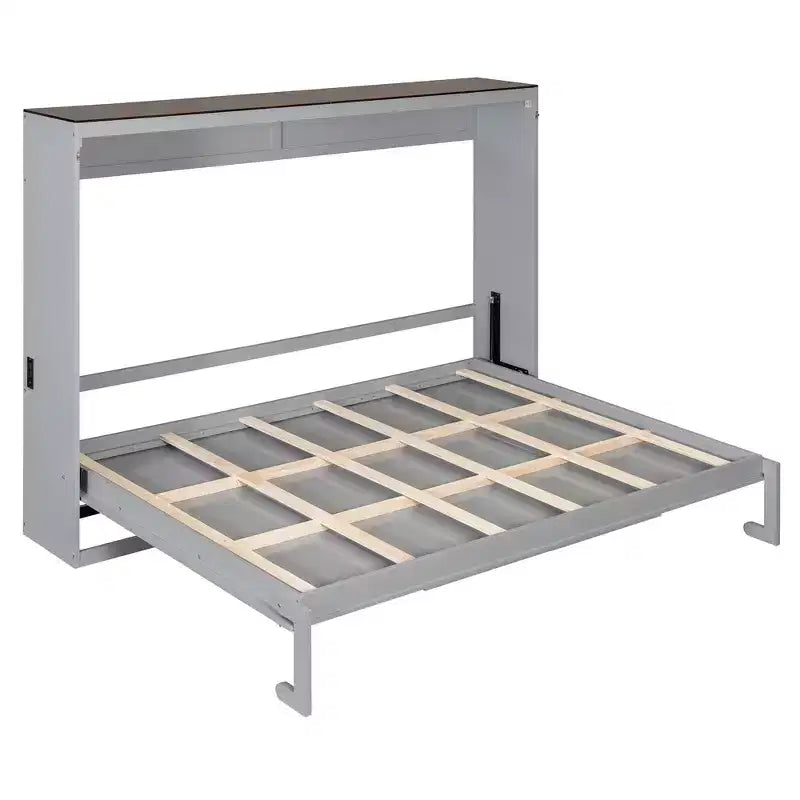 Letto a scomparsa matrimoniale Queen grigio/bianco con prese di corrente e porte USB, si ripiega piatto, per 2 persone