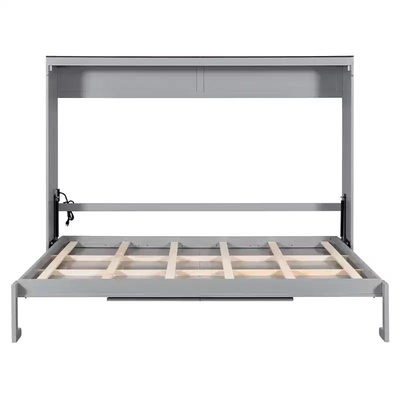 Letto a scomparsa matrimoniale Queen grigio/bianco con prese di corrente e porte USB, si ripiega piatto, per 2 persone