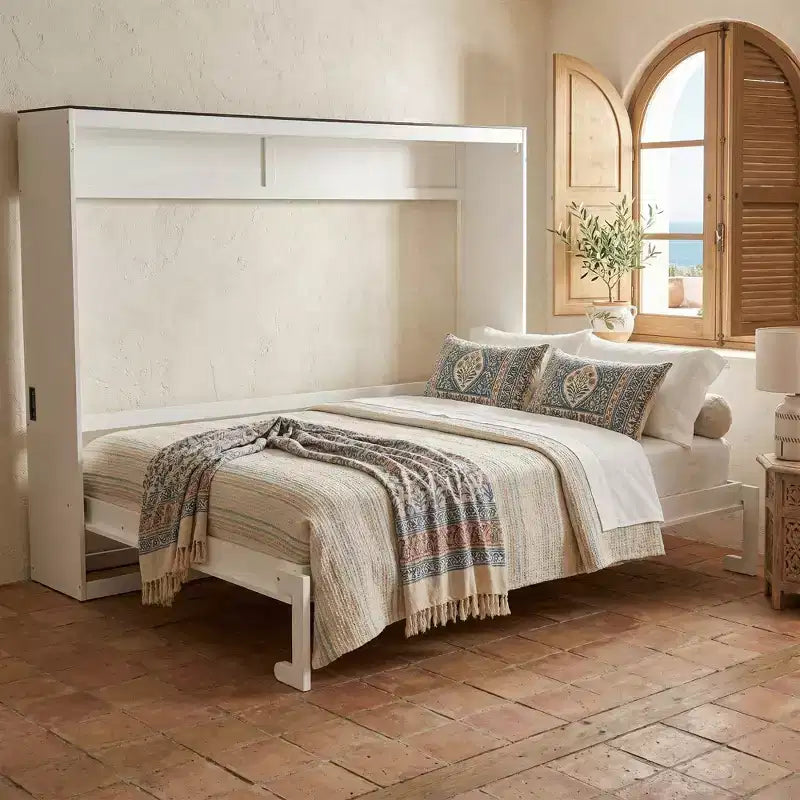 Letto a scomparsa matrimoniale Queen grigio/bianco con prese di corrente e porte USB, si ripiega piatto, per 2 persone